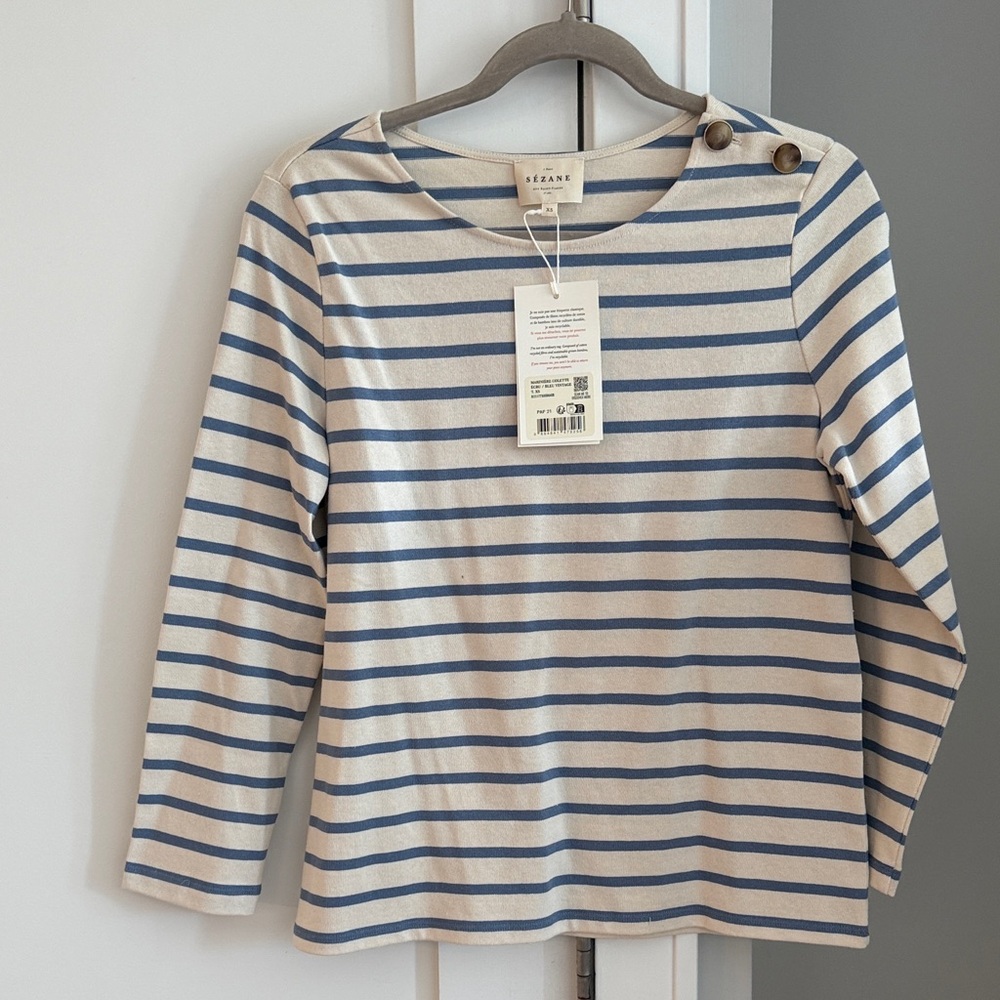 Sezane Striped Long Sleeve Top with Button Detail